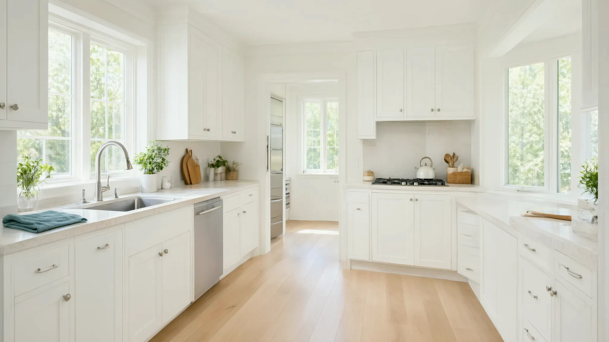 AI illustration: Bright, clean kitchen with white cabinets and clear counters.