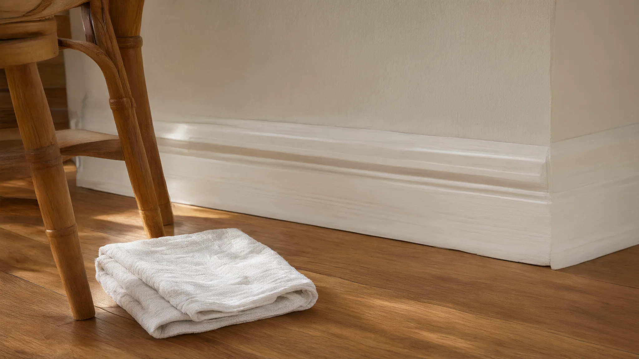 AI illustration: Floor edge and baseboard beside a chair in a lived-in home.