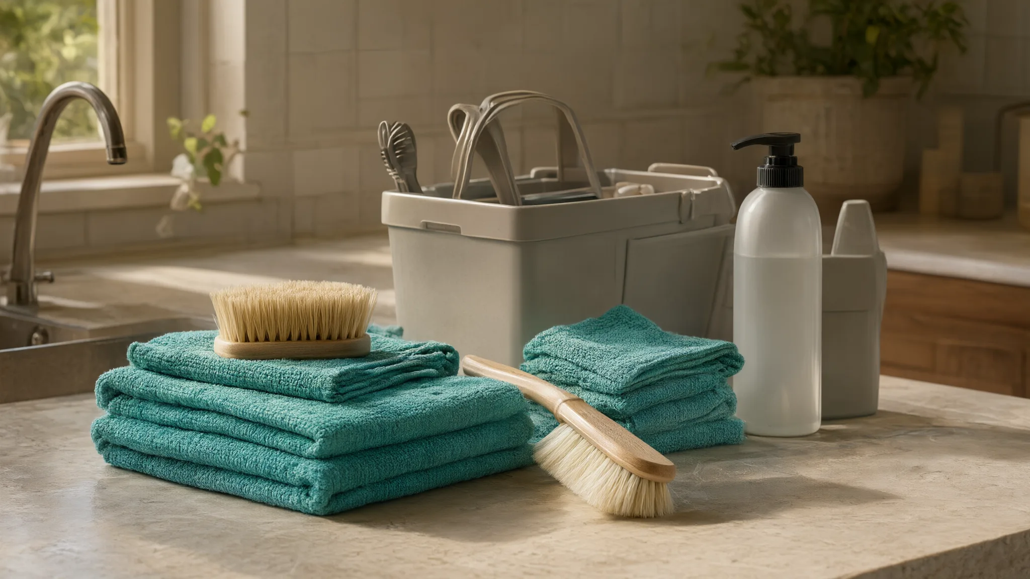 AI illustration: Microfiber cloths and brushes arranged for a cleaning visit.