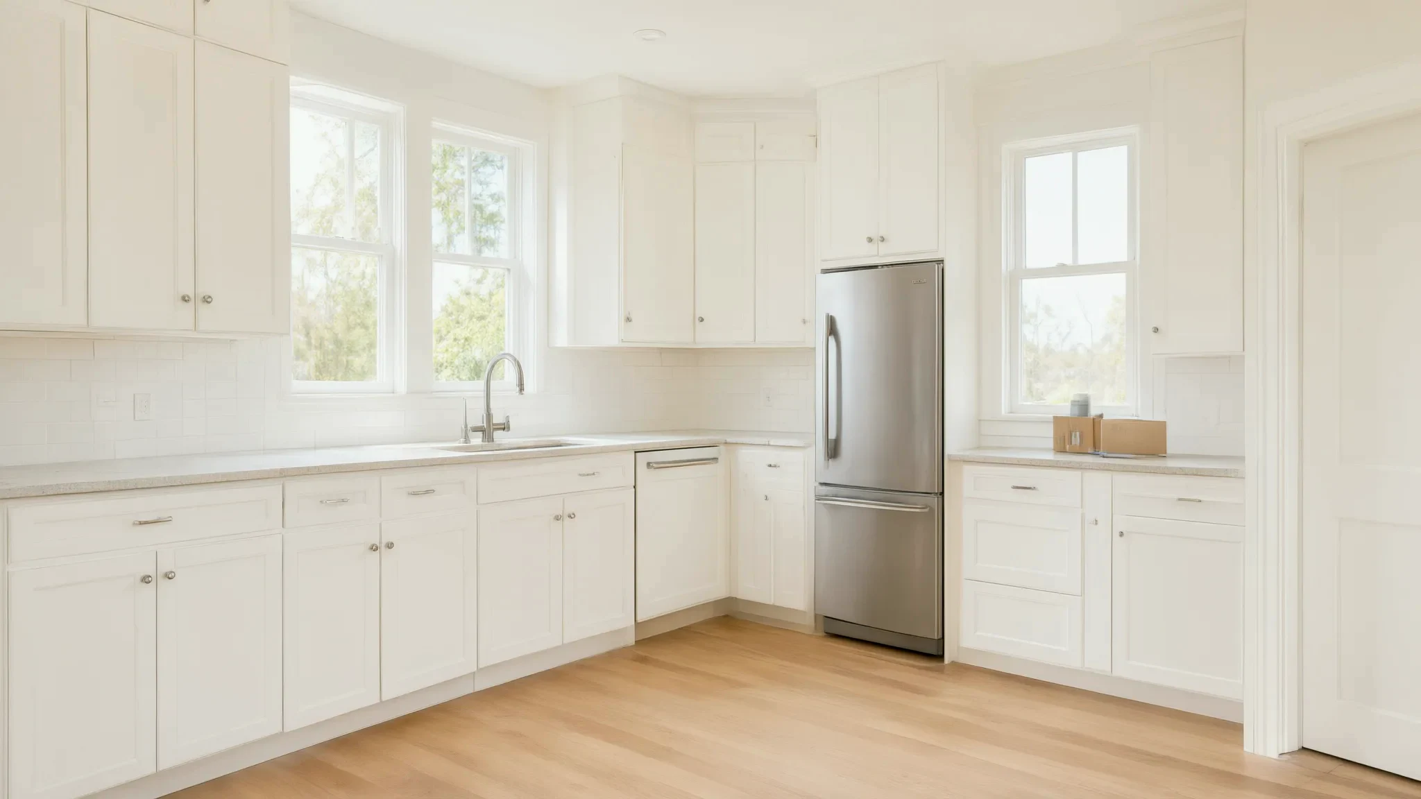 AI illustration: Bright, empty kitchen ready for a move-out walk-through.