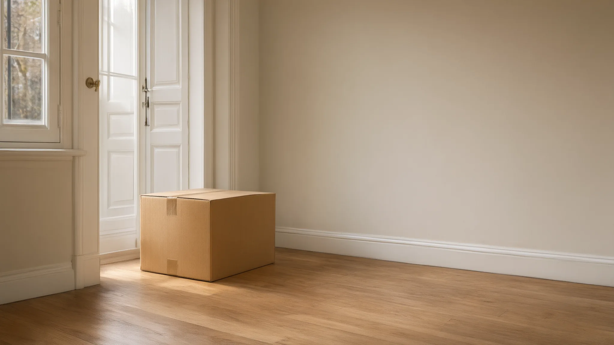 AI illustration: Empty room with exposed floor edges and one moving box.