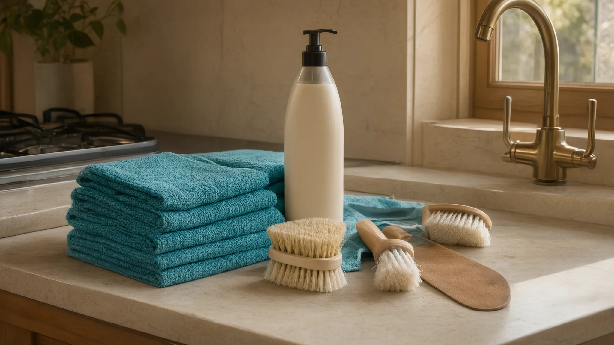 AI illustration: Cleaning supplies gathered before an empty-home clean.