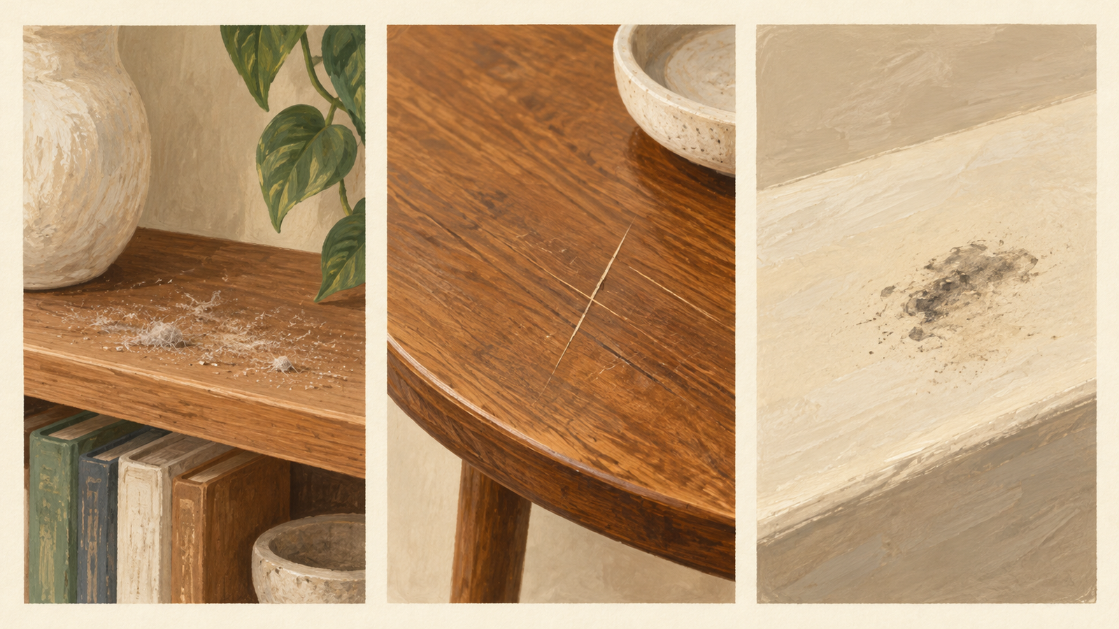 Three illustrated surface details: dust on a wooden shelf, a scratch on a tabletop and a dark mark on a pale surface.