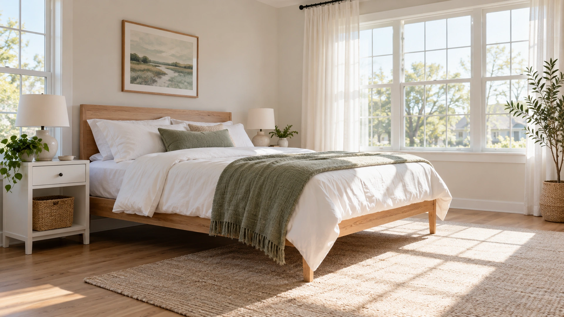 Illustrated bright bedroom with a raised oak bed and clear floor space.