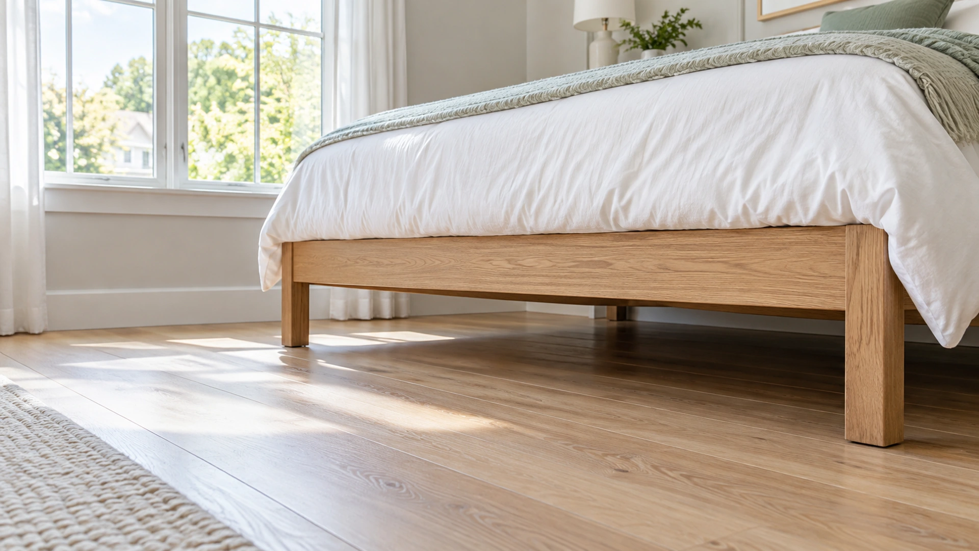 Illustrated low view of the clean floor beneath a raised bed frame.