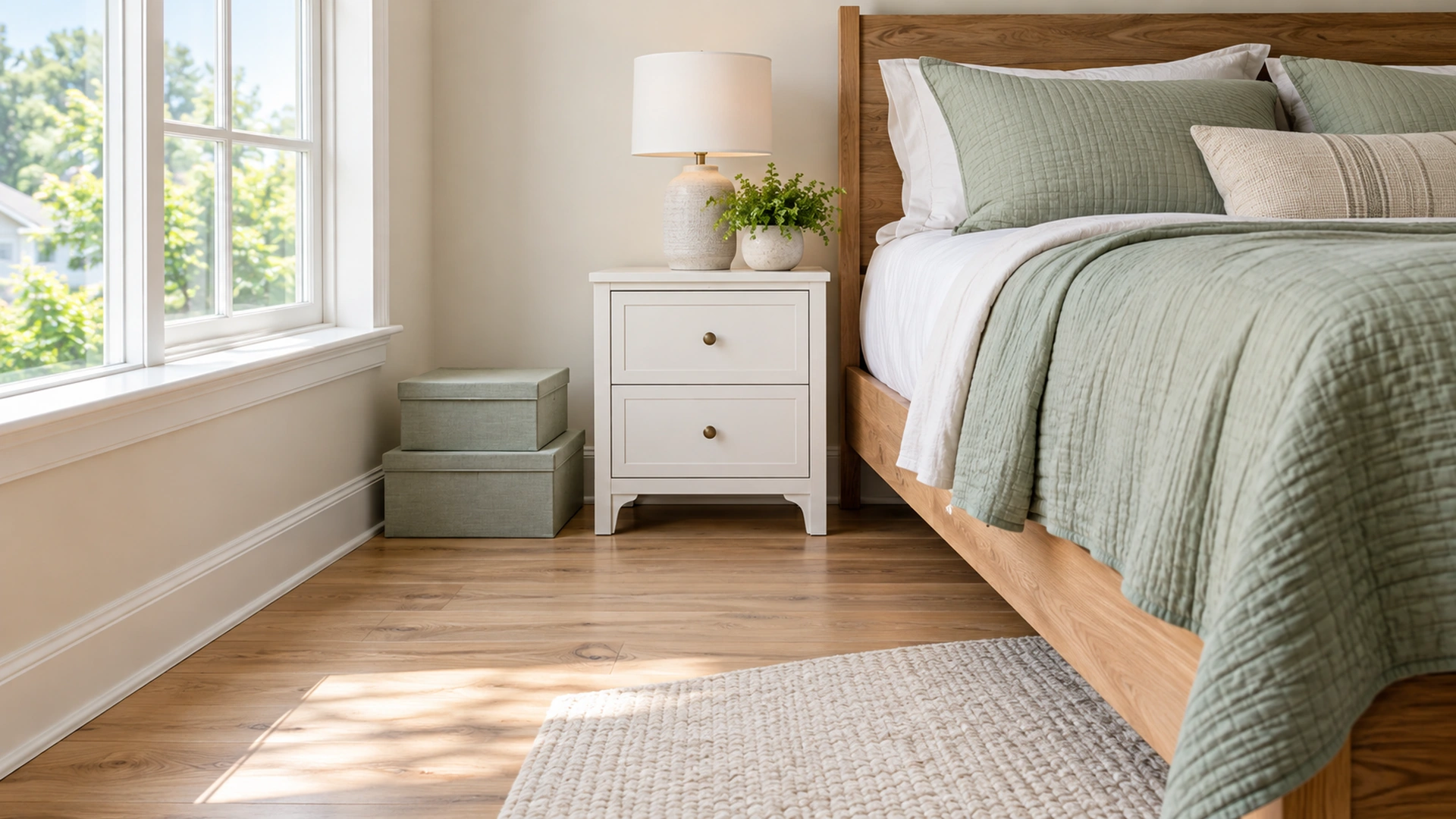 Illustrated bedroom corner with storage boxes beside a clear walkway.