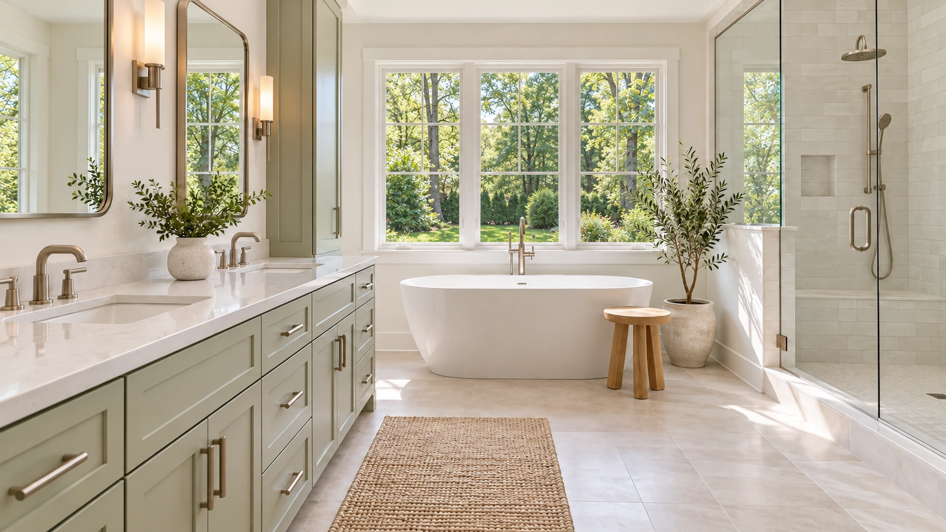 Illustrative sage vanity with clean handles in a bright bathroom.