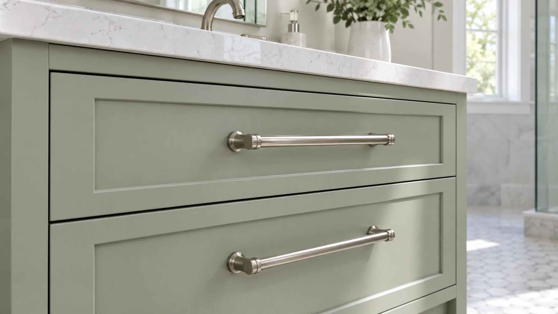Illustrative close view of clean nickel pulls on a sage vanity.