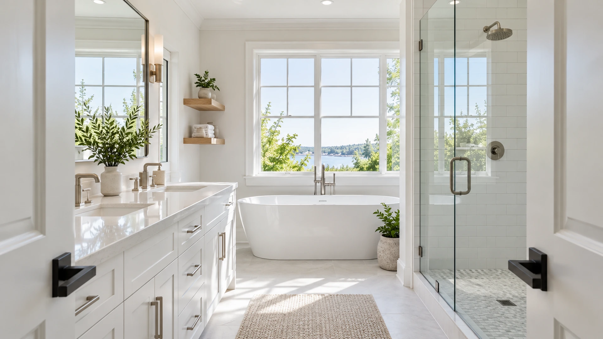 Illustrative white vanity in an airy bathroom.