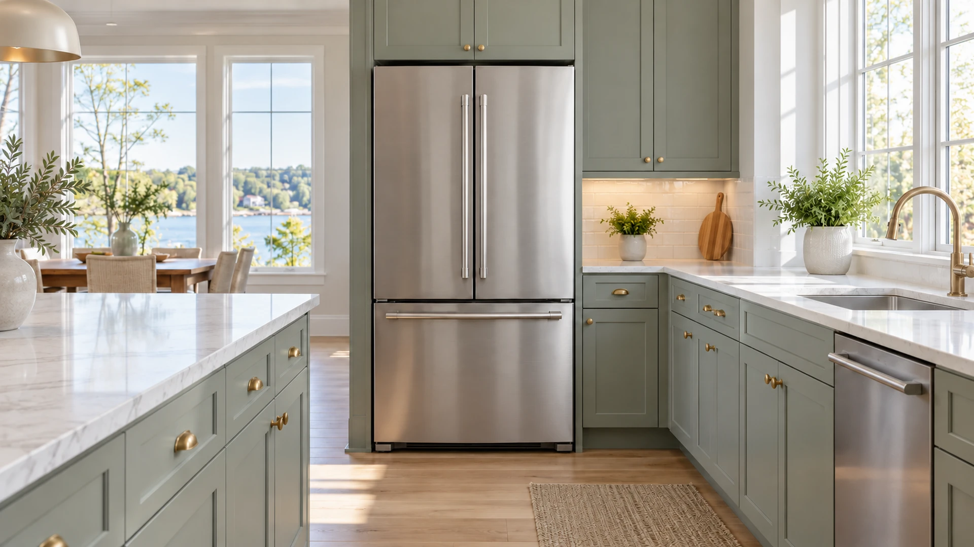 Illustration of a clean stainless refrigerator in a sage kitchen.