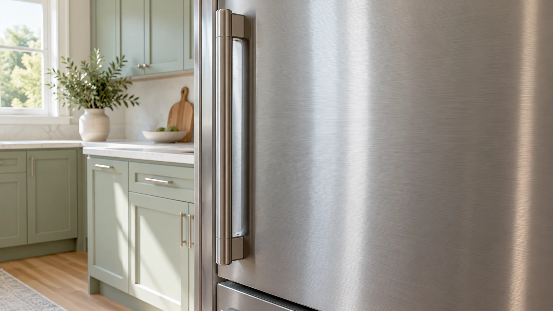 Illustration of a clean brushed-steel refrigerator handle.