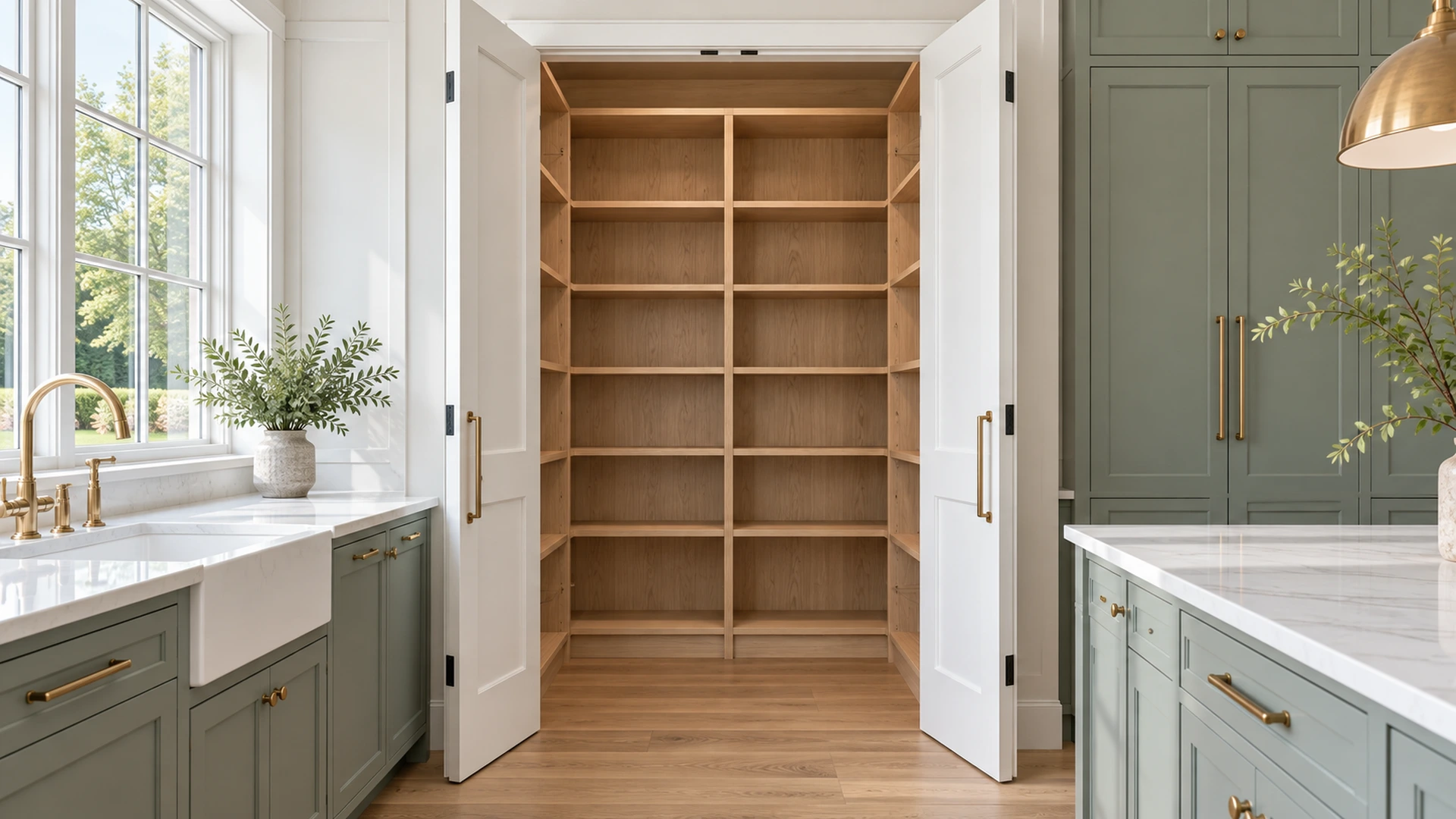 Illustration of an open pantry in a bright sage and white kitchen.
