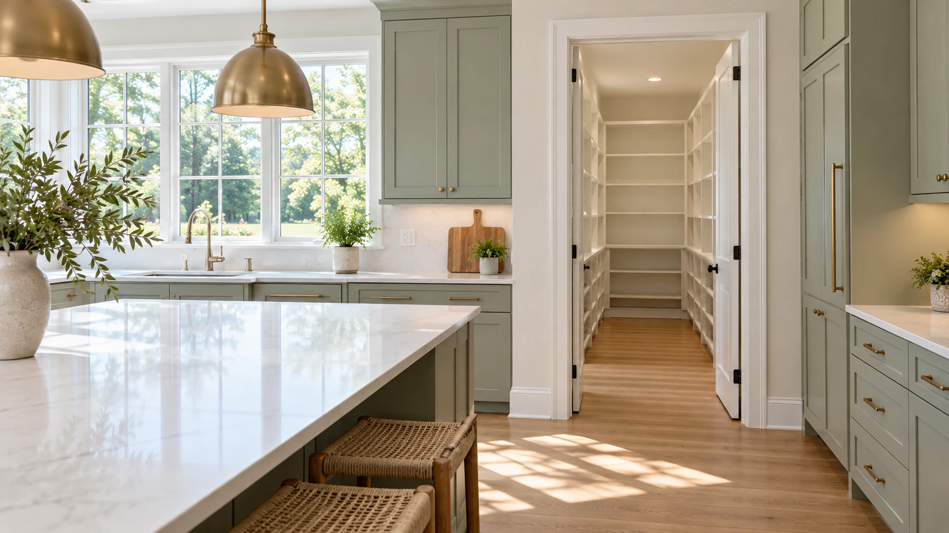 Illustration of an airy kitchen looking toward open pantry shelves.